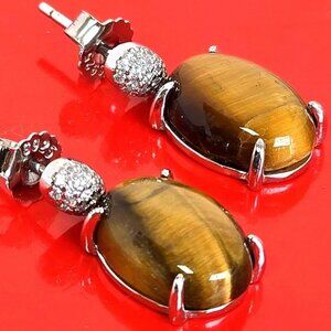 925 Sterling Silver Earrings with Natural Tiger's Eye 10x15mm & Cz